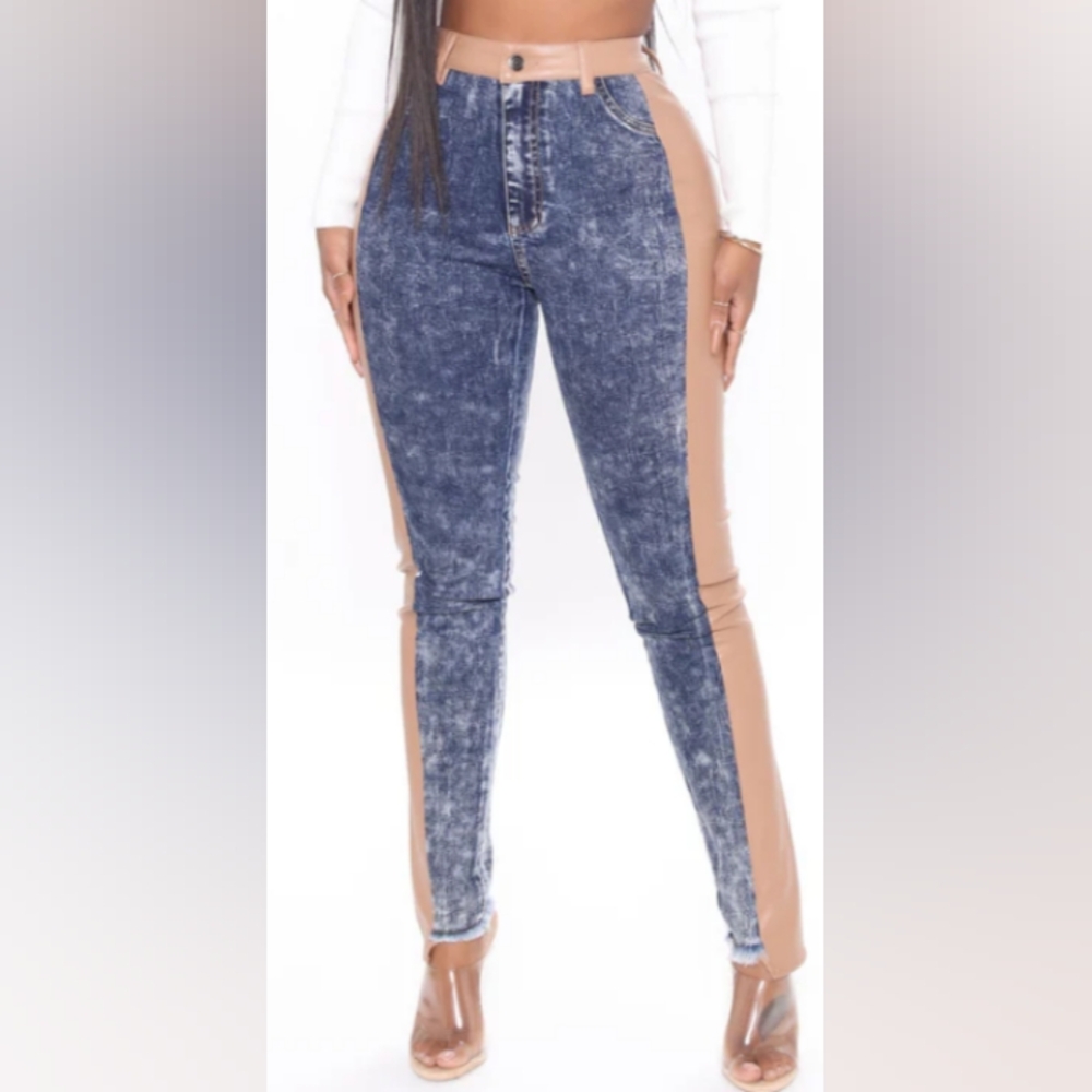 Fashion Nova Women's Contrast Skinny Jeans - Mocha/Combo Size S